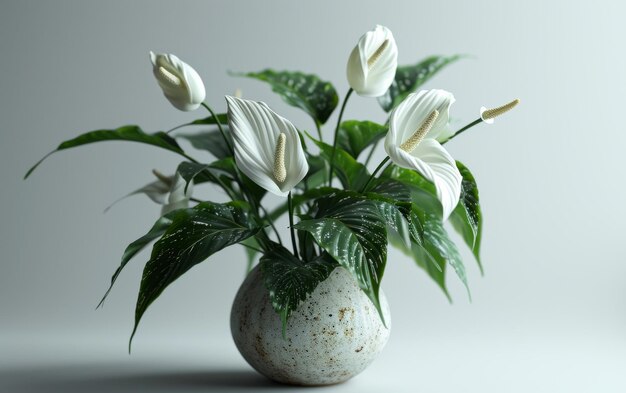 Peace Lily with White Blooms in Modern Vase Presented on White Background