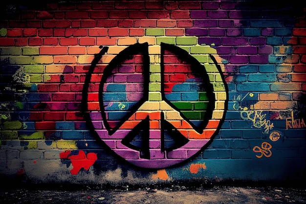 벽돌 벽에 평화 기호 낙서 다채로운 벽지