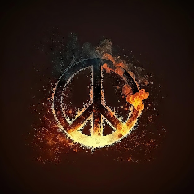 A peace sign is surrounded by flames and smoke.