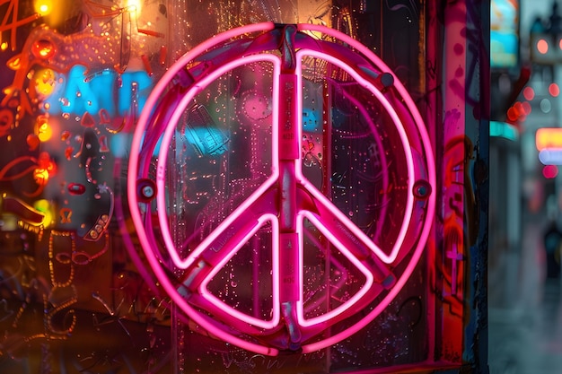 Photo a peace sign is on a window with graffiti on it