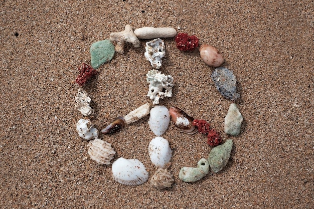 Знак мира из ракушек на океанском пляже
