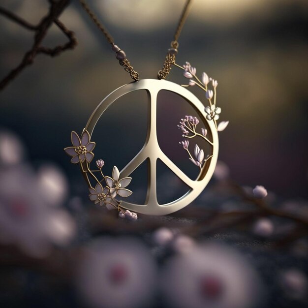 A peace sign necklace with flowers and leaves on a branch.