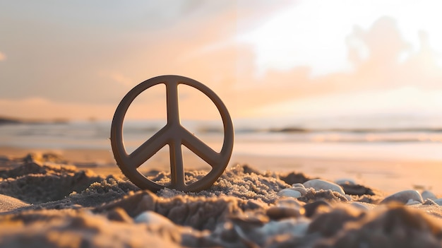 Photo a peace sign rests on a sandy beach at sunset
