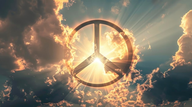 Photo peace symbol floating in the air clear silhouette on the background of light clouds