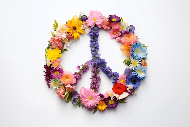 Photo peace symbol formed with a variety of colorful flowers