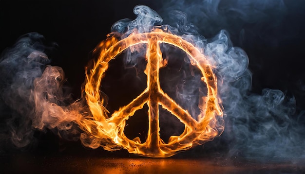 Peace symbol made of fire flames smoke on dark backdrop