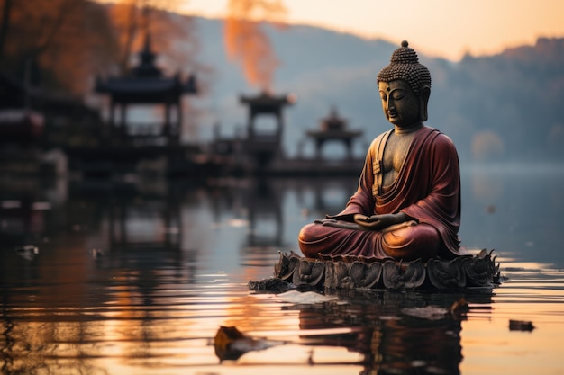 Peace to Twilight Buddha reflected in serenity a minimalist scene of harmony on generative IA