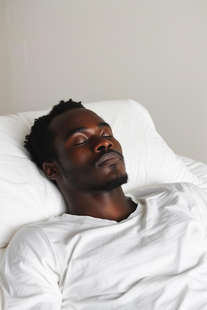 Peaceful african american man sleeping on white bed with copy space