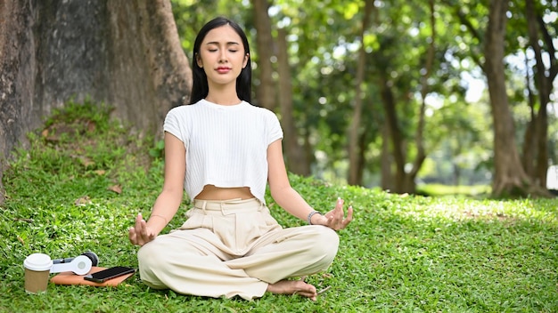 Peaceful Asian female sitting in lotus pose meditating under the tree in the green park