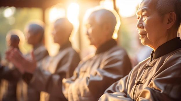 In the peaceful aura of the morning a group of elderly individuals practices Tai Chi in unison reflecting a harmonious start to their day