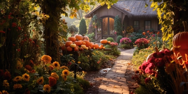 peaceful autumn garden slightly overgrown with vibrant red and orange flowers