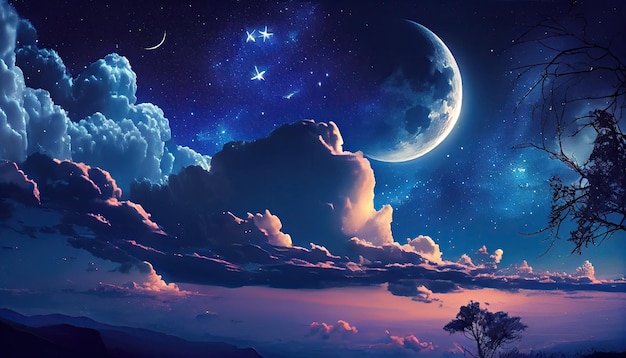 Peaceful background blue night sky with moon stars beautiful clouds glowing horizon
