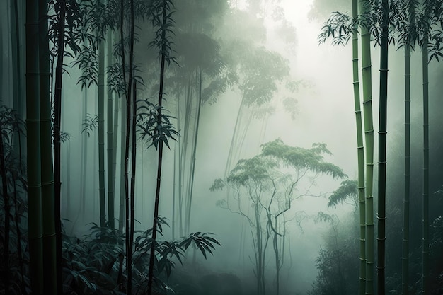 Peaceful bamboo forest with misty landscape view