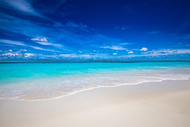 Peaceful beach scene. Tropical Mediterranean sandy beach, seascape sunny sky horizon. Freedom shore