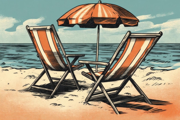 Peaceful beach scene with beach chairs and an umbrella Generative AI