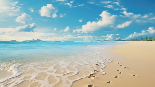 우정의 여정을 상징하는 모래에 발자국이 있는 평화로운 해변 장면