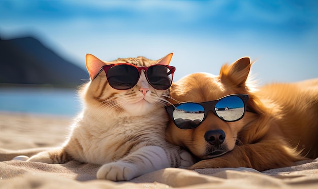 Мирная пляжная сцена с игривой собакой и расслабленным котом, наслаждающимися песчаным берегом. Генеративный искусственный интеллект.