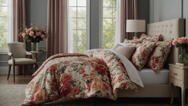 A peaceful bedroom adorned with floral patterned bedding and a bouquet of roses resting on a nightst