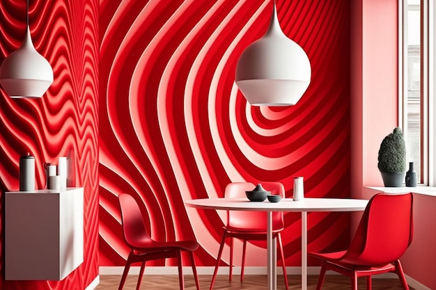 赤いパントンの装飾と落ち着きのある家具を備えた落ち着いたベッドルーム