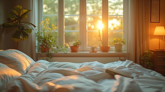 Photo peaceful bedroom with unmade bed and soft light for world sleep day