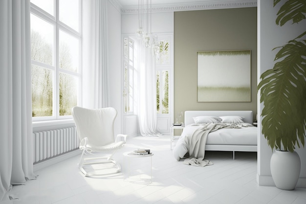 A peaceful bedroom with white Pantone decoration and comfortable furniture