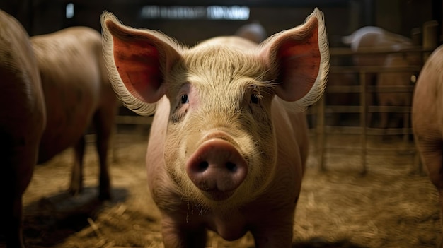 田舎の農家で飼われている豚の穏やかな退屈 日向ぼっこをする大型豚