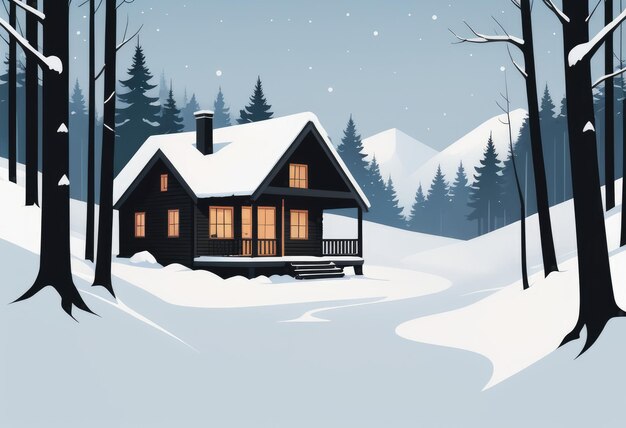 雪に覆われた森に囲まれた平和な小屋