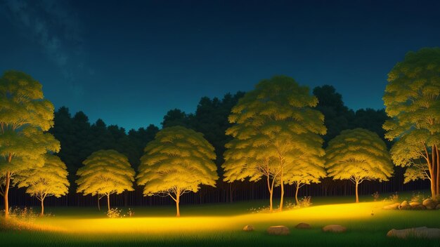 Photo a peaceful and calm area in the forest shining with a gentle and cozy glow made by fireflies illustration ai generated