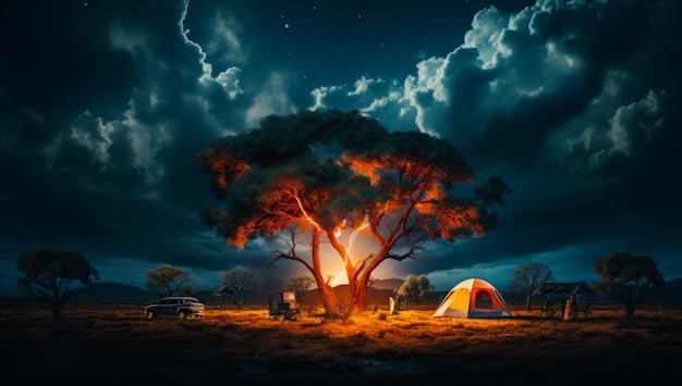 Foto un campeggio tranquillo con un'accogliente tenda annidata sotto un albero maestoso sotto il cielo stellato un campeggio con una tenda sotto un albero di notte
