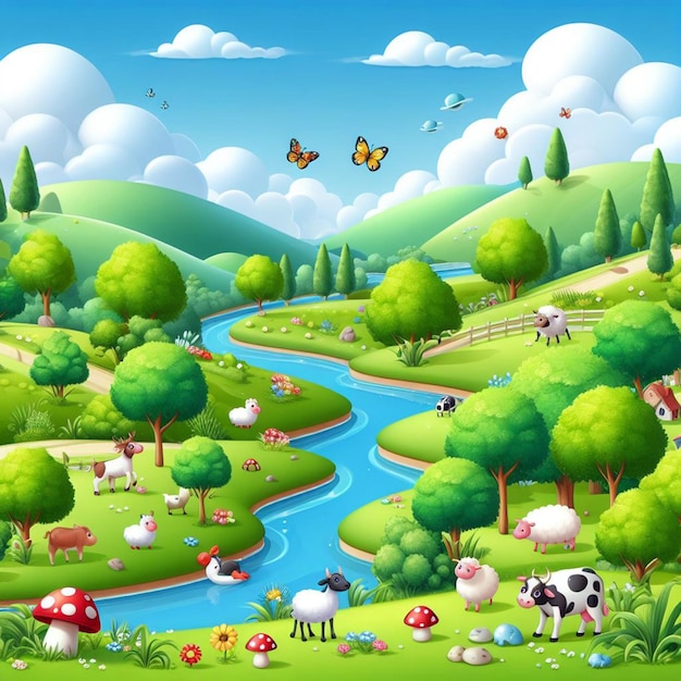 Photo peaceful cartoon countryside nature