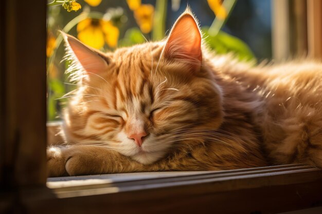 Peaceful Cat Curled Up And Asleep On A Window Generative AI