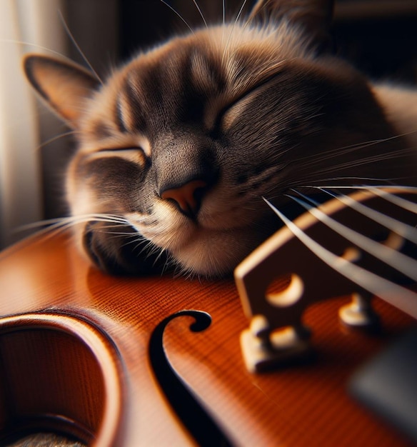 Мирная кошка спит над классической скрипкой в тепло освещенной комнате, сгенерированной ИИ.