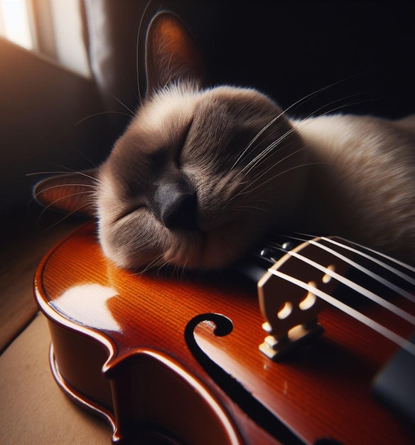 A peaceful cat sleeps over a classic violin in a warmly lit indoor setting AI generated