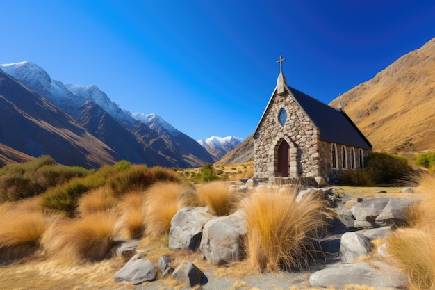 Peaceful chapel surrounded by towering mountains and clear blue skies created with generative ai