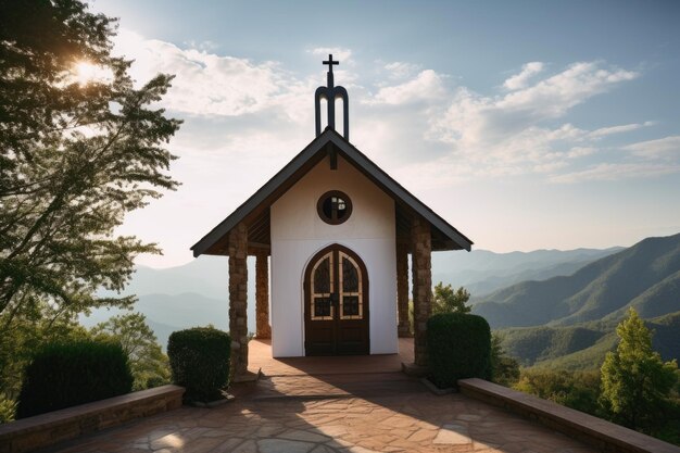 Peaceful chapel with majestic view of the mountains in the background created with generative ai