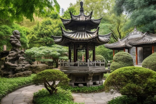 Peaceful china pagoda garden with stone lanterns and bonsai trees created with generative ai