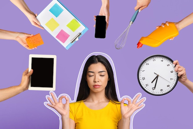 Peaceful chinese woman meditating multitasking concept collage