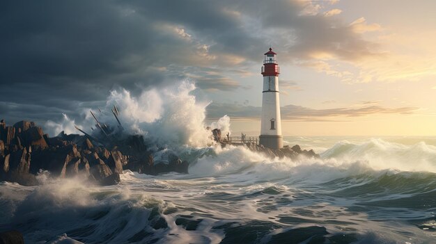 Photo a peaceful coastal lighthouse standing tall against crashing waves photorealistic hd 4k