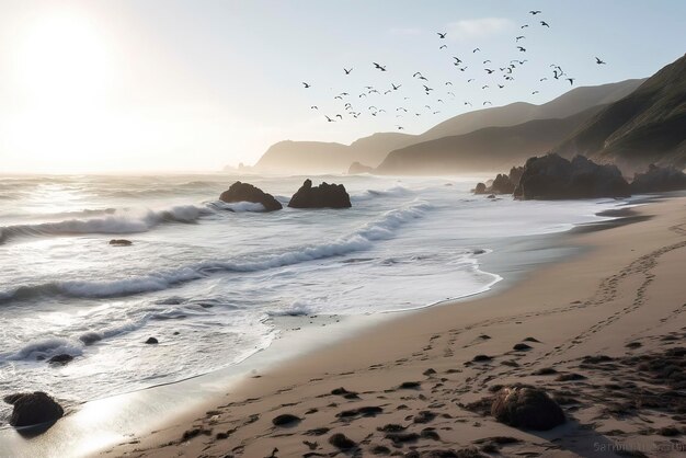 A peaceful coastal scene with a sandy beach crashing in the sea Generative AI