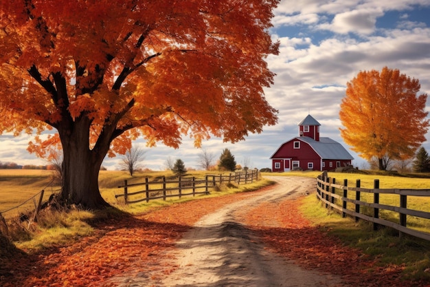 Мирная сельская дорога, простирающаяся на расстояние, обрамленная яркими оттенками красного амбара Сельская осенняя сцена, демонстрирующая яркие осенние цвета