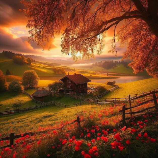 Peaceful countryside calm landscape Beautiful HD Wallpaper ai generated
