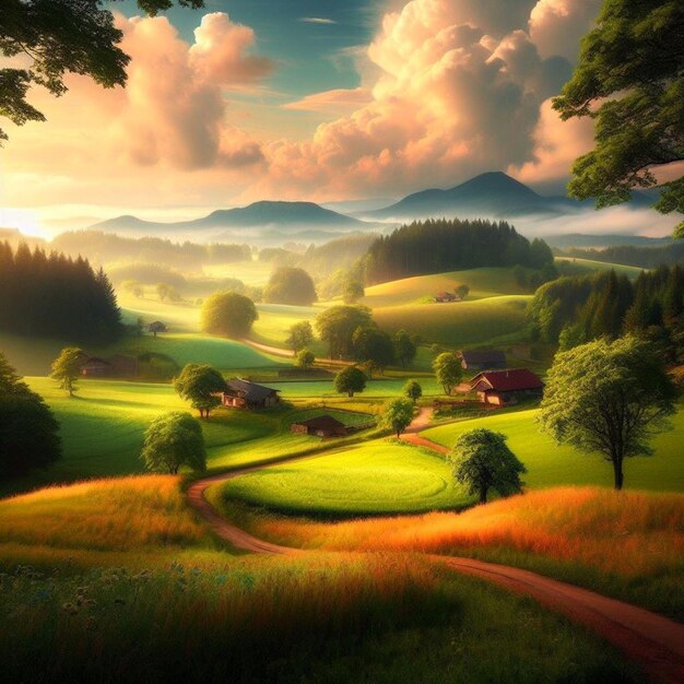 Peaceful countryside calm landscape Beautiful HD Wallpaper ai generated