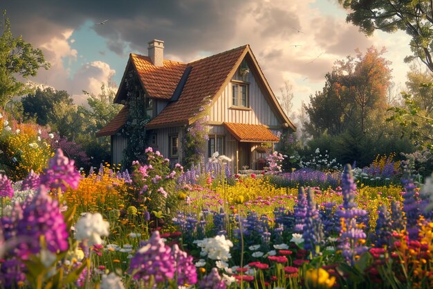 Photo peaceful countryside cottage surrounded by flowers