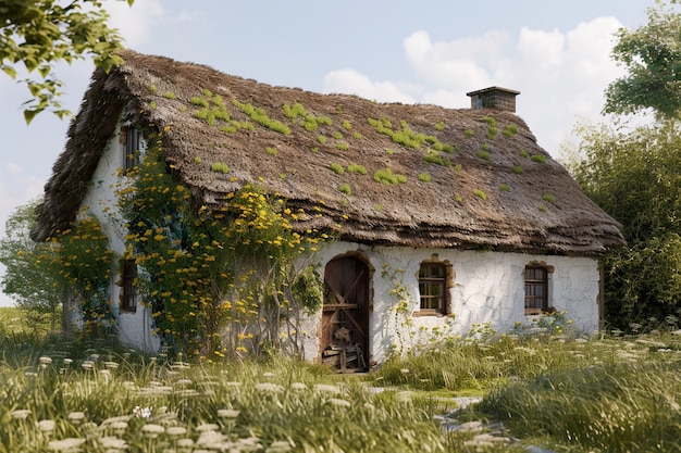 Photo a peaceful countryside cottage with a thatched roo