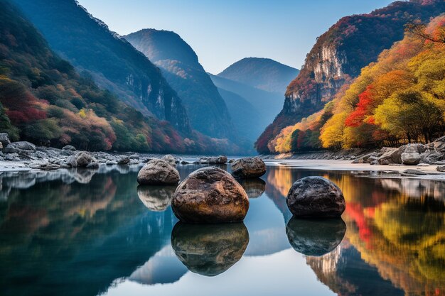 Peaceful countryside landscapes summer autumn lake covered with rocks nature background wallpaper