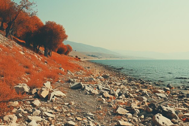 Peaceful countryside landscapes summer autumn lake covered with rocks nature background wallpaper