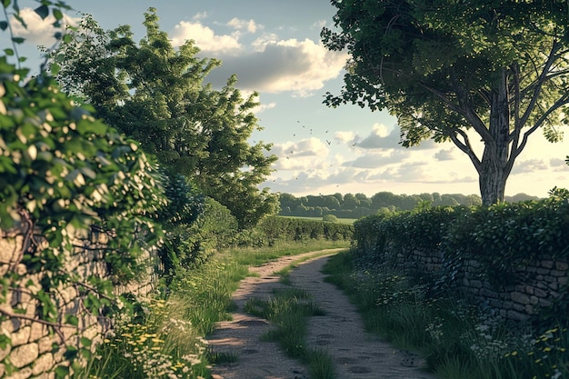 Photo a peaceful countryside lane bordered by hedgerows