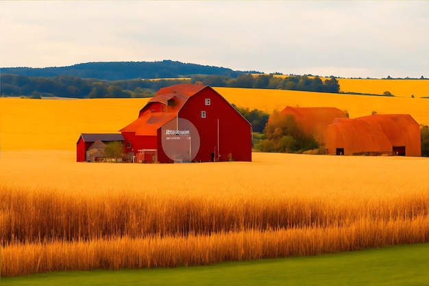 A peaceful countryside scene with golden wheat fields and a red barn against a backdrop of rolling