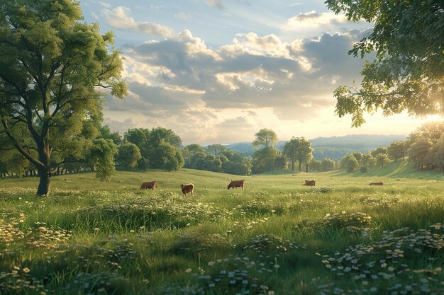 Foto una tranquilla scena di campagna con mucche che pascolano