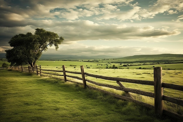 A peaceful countryside scene with green fields and a rustic fence